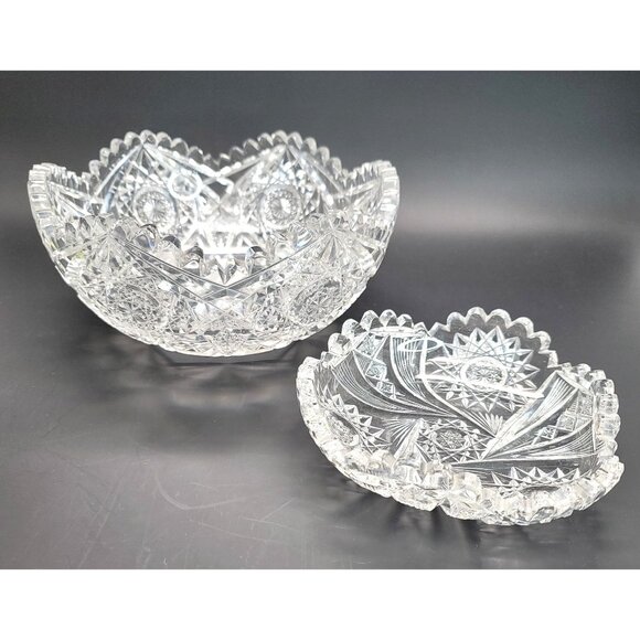 Cut Glass Bowls Set Of 2 With Intricate Starburst Design American Brilliant JY2 - Picture 2 of 10